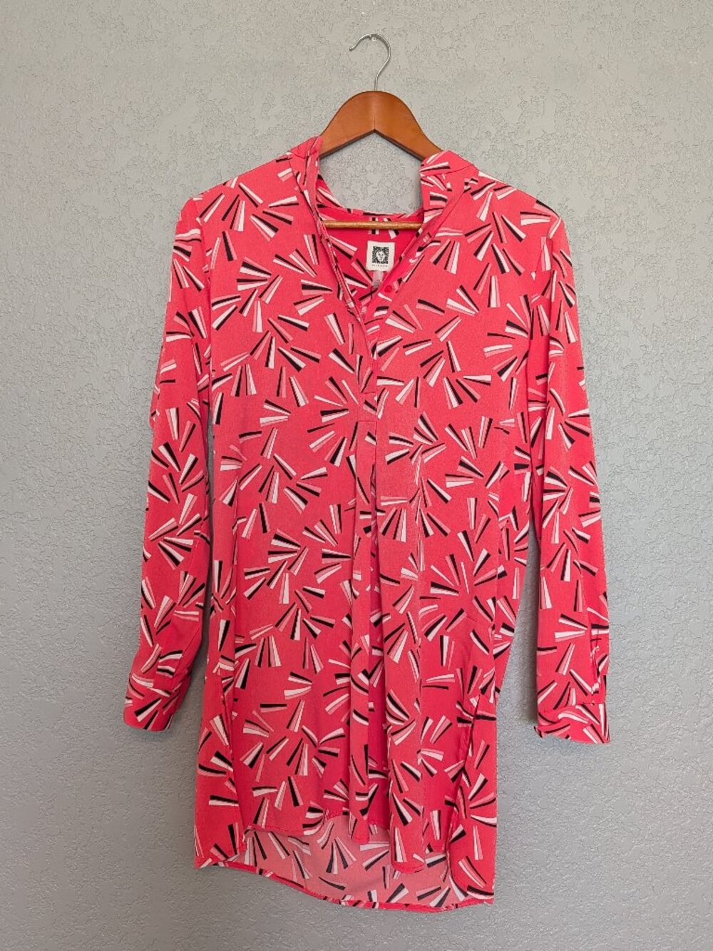NWT Anne Klein Red Pear Multi Geometric Tunic Blouse XS Tie Neck MSRP $89